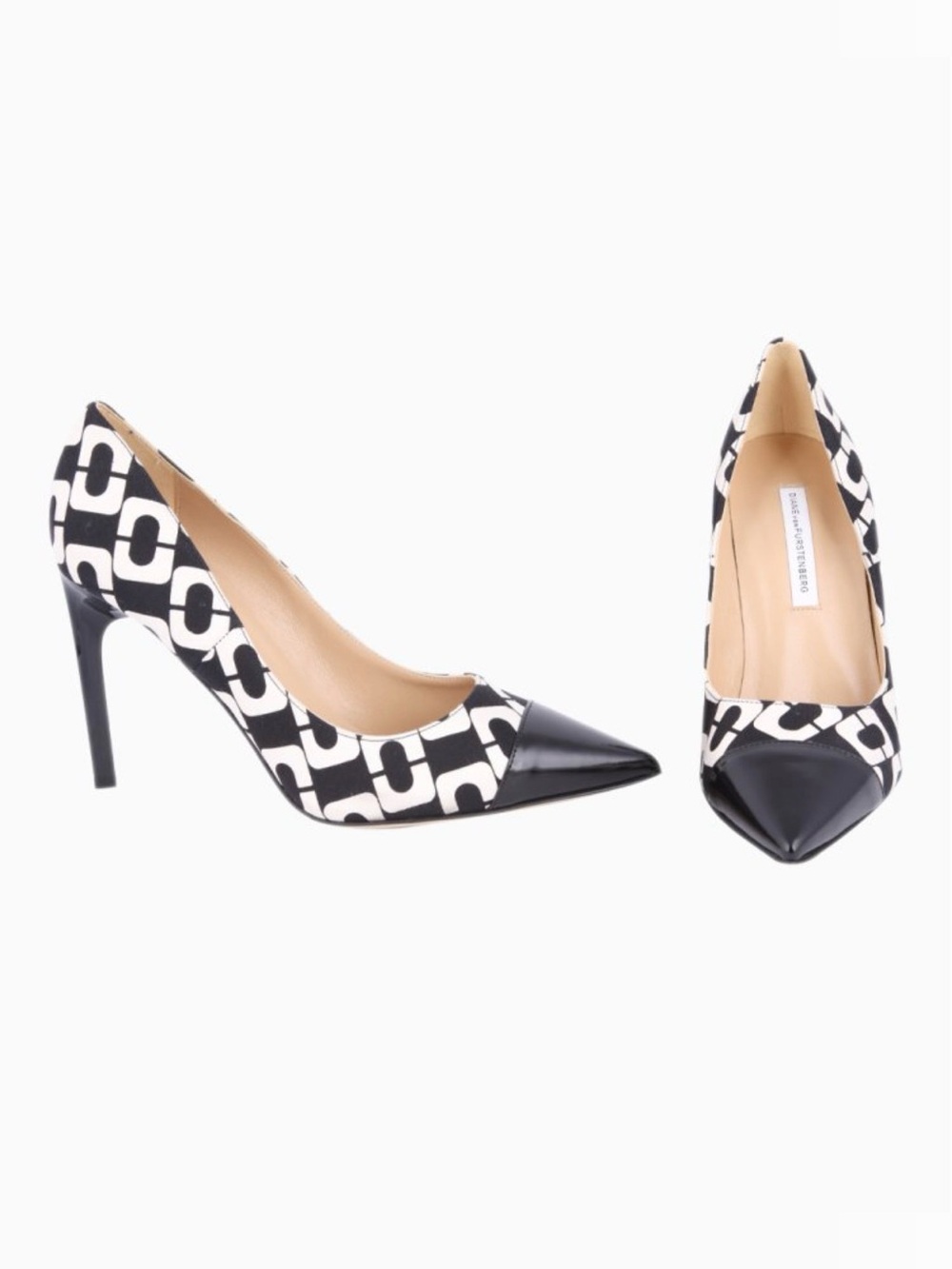DVF Diane Von Furstenberg Logo Print Pointed Toe Stiletto Heels Black White